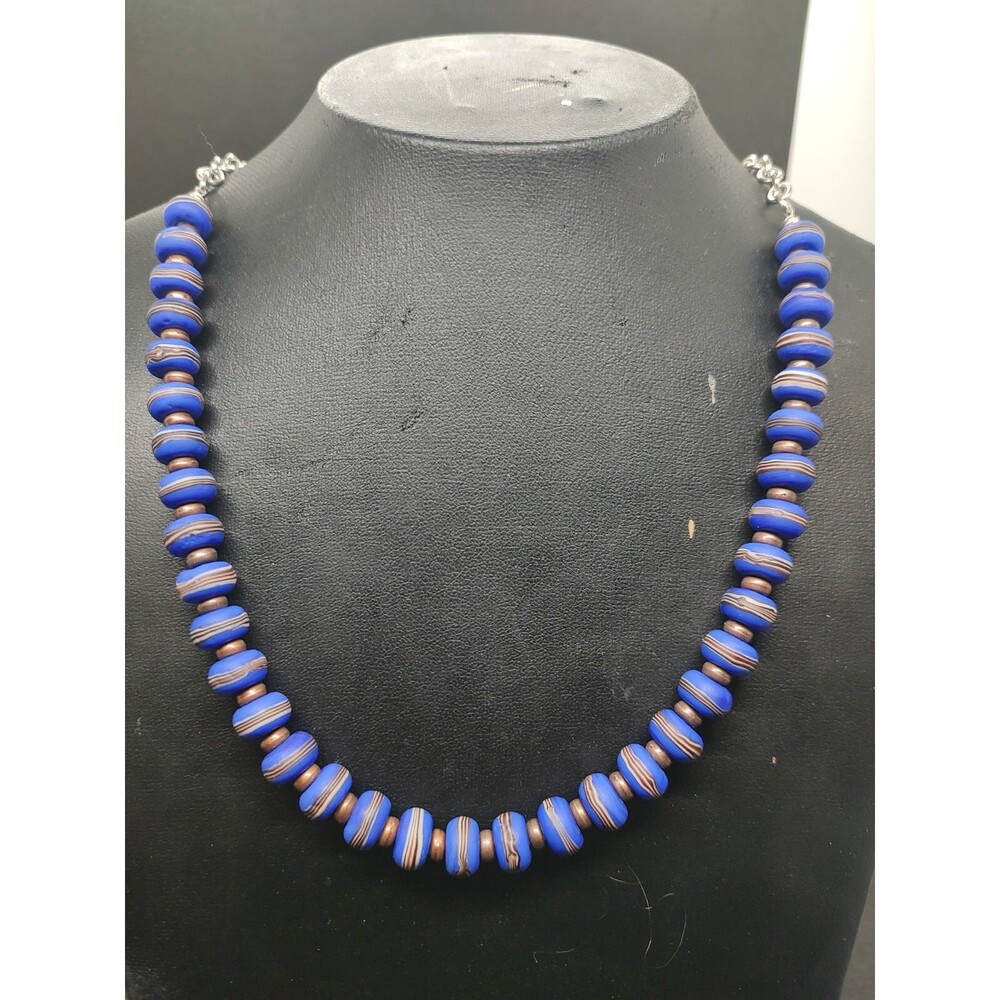 Cobalt Blue Abstract String Necklace Beaded Statement Piece